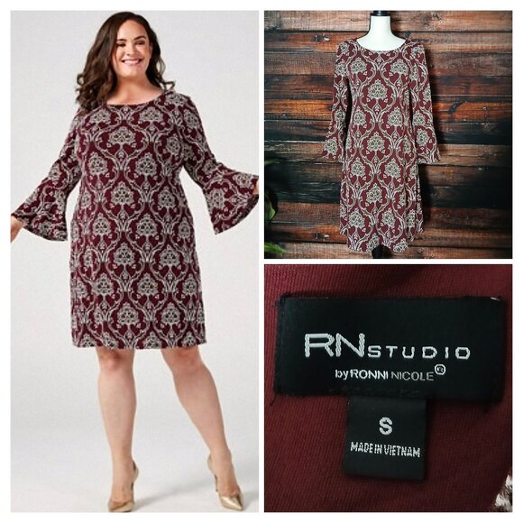 NWT RN Studio Ronni Nicole Dress Small Damask Print Bell Sleeve Keyhole Knit - Picture 1 of 14